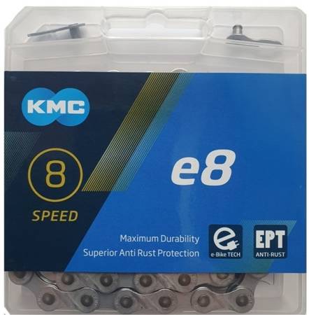 KMC e8 łańcuch 8 rzędowy 122 ogniwa + SPINKA SREBRNY EPT